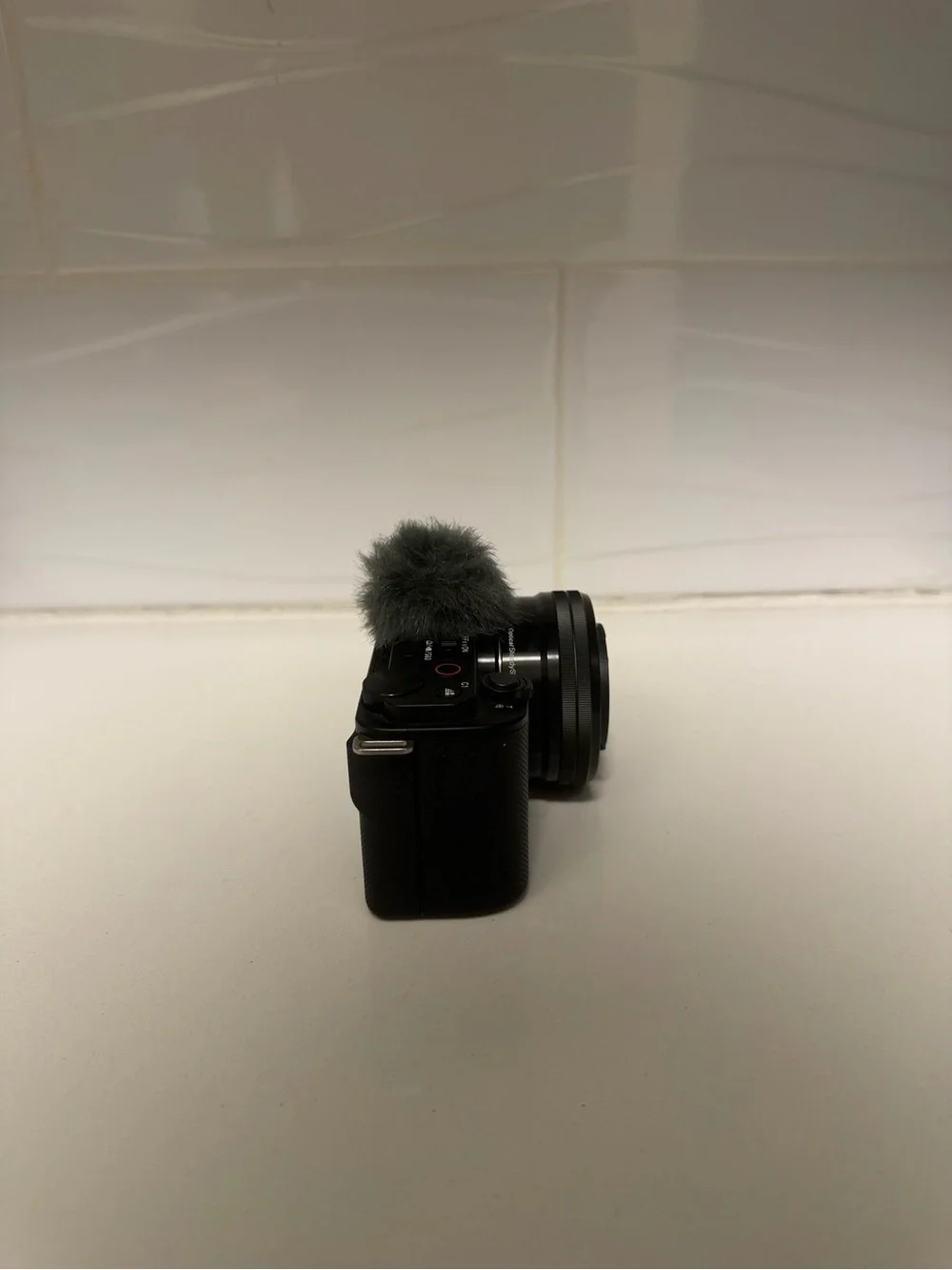 Sony Black Mirrorless Camera with Lens and Gray Wind Muff
